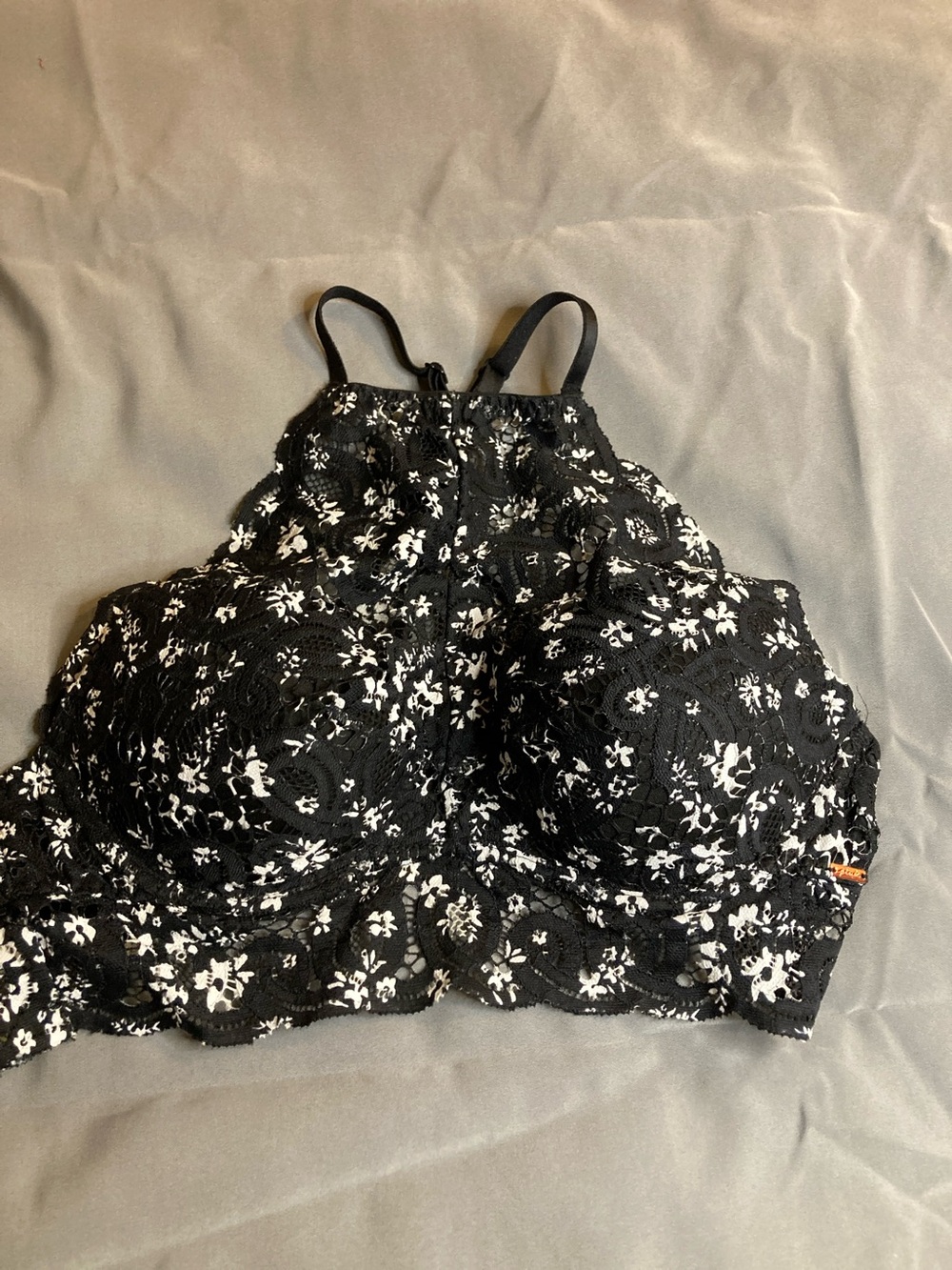 PINK Victoria's Secret Black Lace Bralette with White Floral Pattern